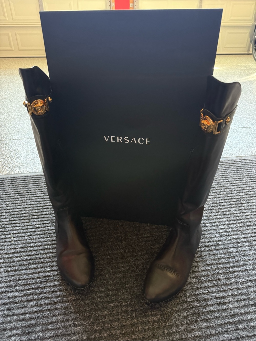 Versace Black Leather Knee Boots with Gold Medusa Buckle Detail